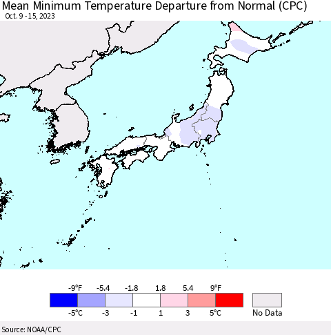 Japan Mean Minimum Temperature Departure from Normal (CPC) Thematic Map For 10/9/2023 - 10/15/2023