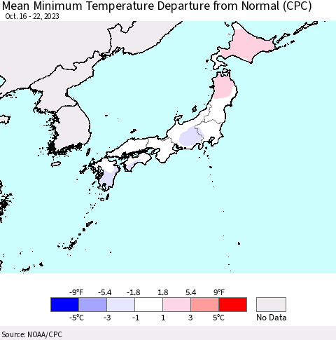 Japan Mean Minimum Temperature Departure from Normal (CPC) Thematic Map For 10/16/2023 - 10/22/2023