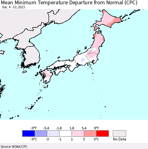 Japan Mean Minimum Temperature Departure from Normal (CPC) Thematic Map For 12/4/2023 - 12/10/2023