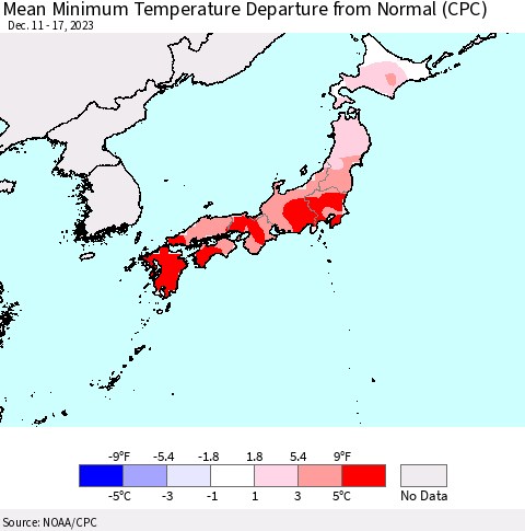 Japan Mean Minimum Temperature Departure from Normal (CPC) Thematic Map For 12/11/2023 - 12/17/2023