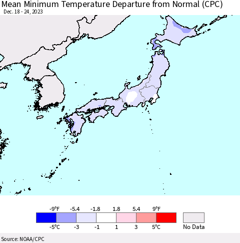 Japan Mean Minimum Temperature Departure from Normal (CPC) Thematic Map For 12/18/2023 - 12/24/2023