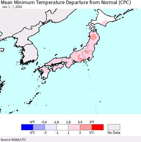 Japan Mean Minimum Temperature Departure from Normal (CPC) Thematic Map For 1/1/2024 - 1/7/2024