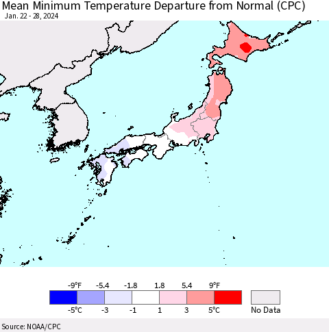 Japan Mean Minimum Temperature Departure from Normal (CPC) Thematic Map For 1/22/2024 - 1/28/2024