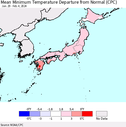 Japan Mean Minimum Temperature Departure from Normal (CPC) Thematic Map For 1/29/2024 - 2/4/2024