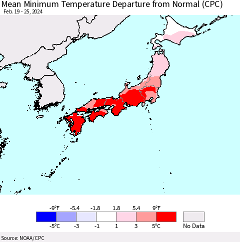 Japan Mean Minimum Temperature Departure from Normal (CPC) Thematic Map For 2/19/2024 - 2/25/2024