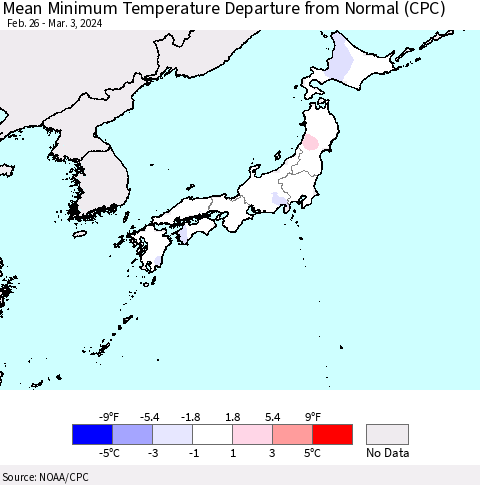 Japan Mean Minimum Temperature Departure from Normal (CPC) Thematic Map For 2/26/2024 - 3/3/2024