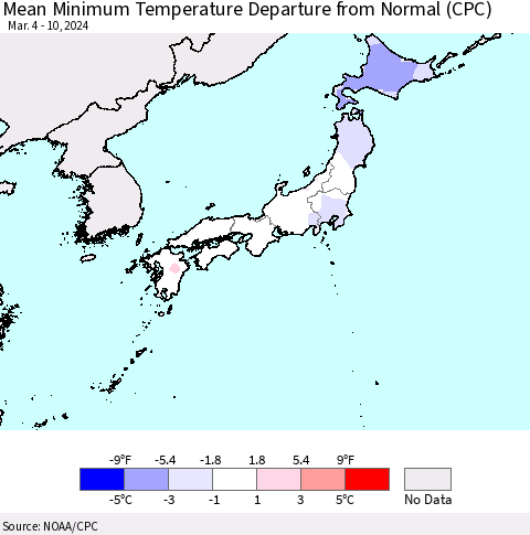 Japan Mean Minimum Temperature Departure from Normal (CPC) Thematic Map For 3/4/2024 - 3/10/2024