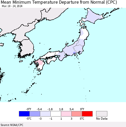 Japan Mean Minimum Temperature Departure from Normal (CPC) Thematic Map For 3/18/2024 - 3/24/2024