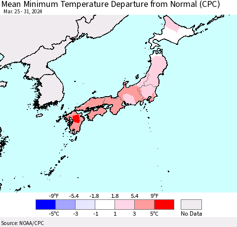 Japan Mean Minimum Temperature Departure from Normal (CPC) Thematic Map For 3/25/2024 - 3/31/2024