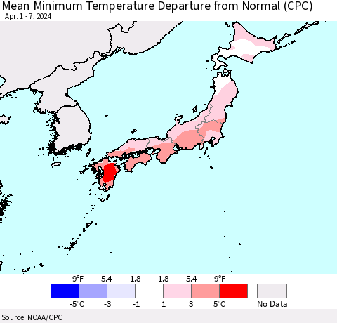 Japan Mean Minimum Temperature Departure from Normal (CPC) Thematic Map For 4/1/2024 - 4/7/2024