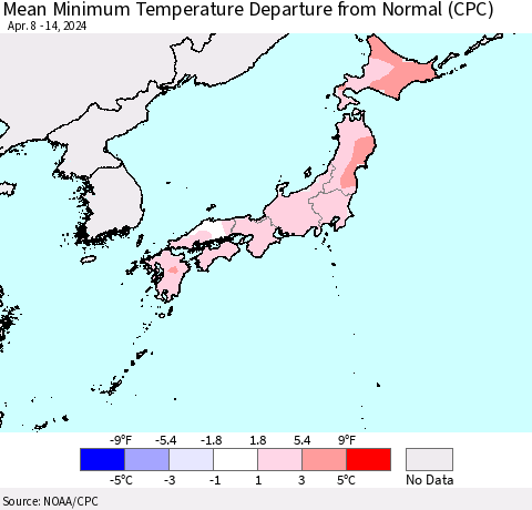 Japan Mean Minimum Temperature Departure from Normal (CPC) Thematic Map For 4/8/2024 - 4/14/2024