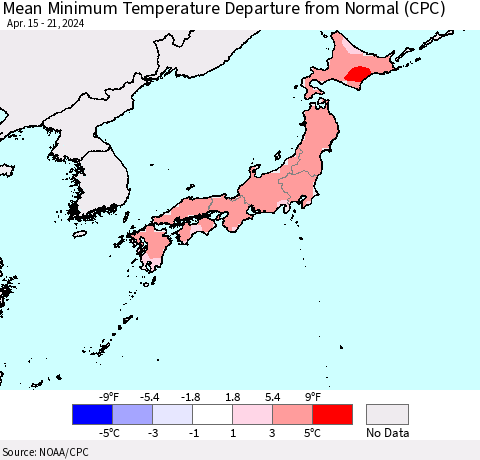 Japan Mean Minimum Temperature Departure from Normal (CPC) Thematic Map For 4/15/2024 - 4/21/2024