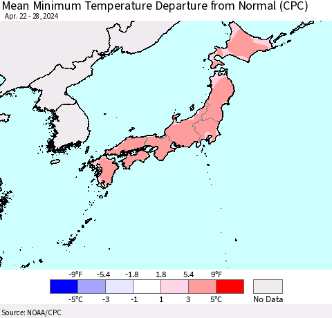 Japan Mean Minimum Temperature Departure from Normal (CPC) Thematic Map For 4/22/2024 - 4/28/2024