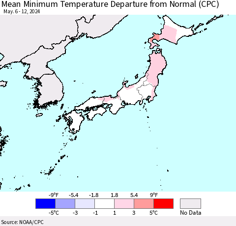 Japan Mean Minimum Temperature Departure from Normal (CPC) Thematic Map For 5/6/2024 - 5/12/2024