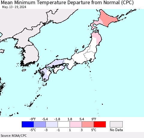 Japan Mean Minimum Temperature Departure from Normal (CPC) Thematic Map For 5/13/2024 - 5/19/2024