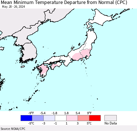 Japan Mean Minimum Temperature Departure from Normal (CPC) Thematic Map For 5/20/2024 - 5/26/2024