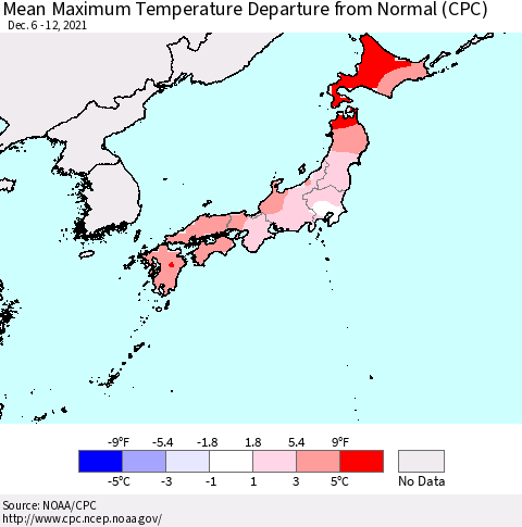 Japan Mean Maximum Temperature Departure from Normal (CPC) Thematic Map For 12/6/2021 - 12/12/2021