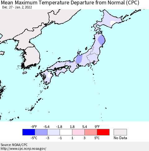 Japan Mean Maximum Temperature Departure from Normal (CPC) Thematic Map For 12/27/2021 - 1/2/2022