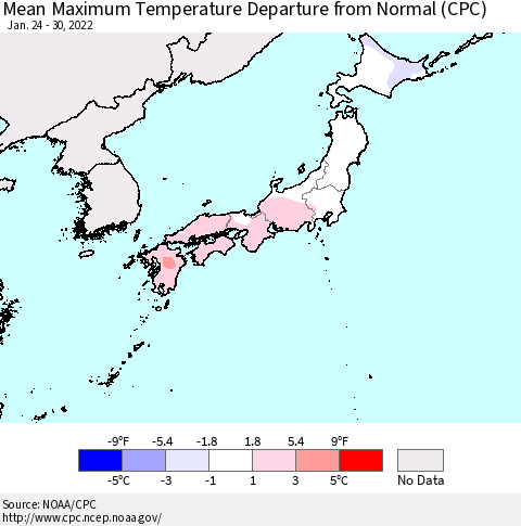Japan Mean Maximum Temperature Departure from Normal (CPC) Thematic Map For 1/24/2022 - 1/30/2022