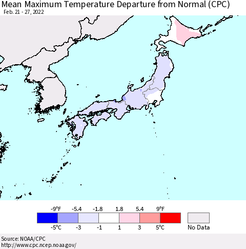Japan Mean Maximum Temperature Departure from Normal (CPC) Thematic Map For 2/21/2022 - 2/27/2022