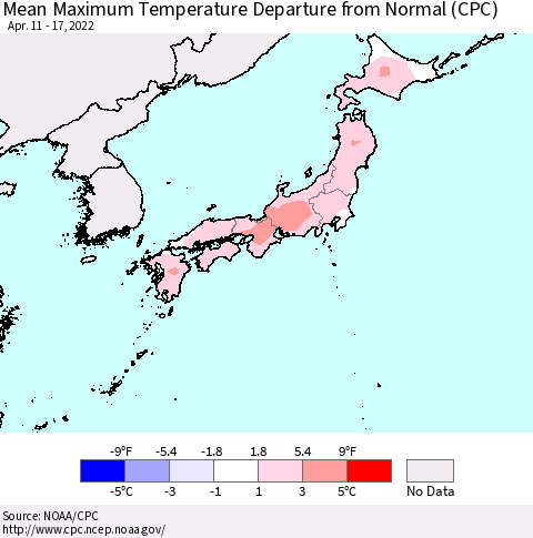 Japan Mean Maximum Temperature Departure from Normal (CPC) Thematic Map For 4/11/2022 - 4/17/2022