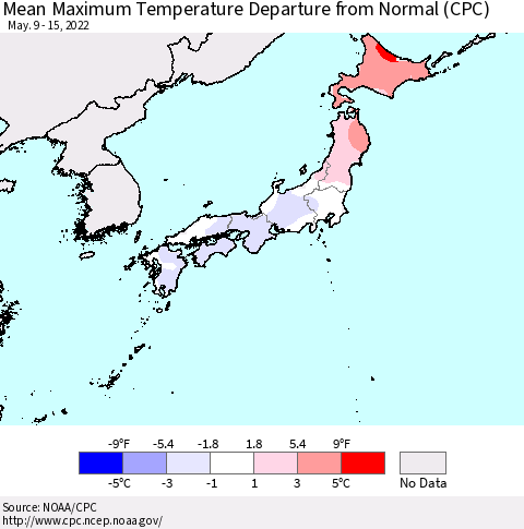 Japan Mean Maximum Temperature Departure from Normal (CPC) Thematic Map For 5/9/2022 - 5/15/2022