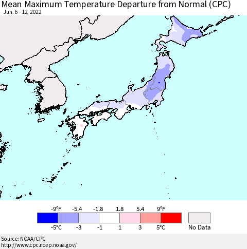Japan Mean Maximum Temperature Departure from Normal (CPC) Thematic Map For 6/6/2022 - 6/12/2022