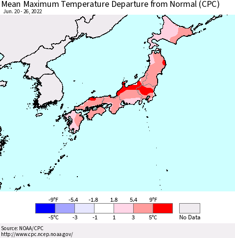 Japan Mean Maximum Temperature Departure from Normal (CPC) Thematic Map For 6/20/2022 - 6/26/2022