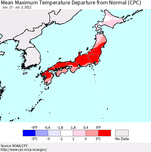 Japan Mean Maximum Temperature Departure from Normal (CPC) Thematic Map For 6/27/2022 - 7/3/2022