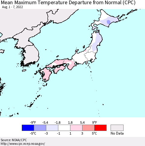Japan Mean Maximum Temperature Departure from Normal (CPC) Thematic Map For 8/1/2022 - 8/7/2022
