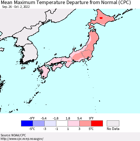 Japan Mean Maximum Temperature Departure from Normal (CPC) Thematic Map For 9/26/2022 - 10/2/2022