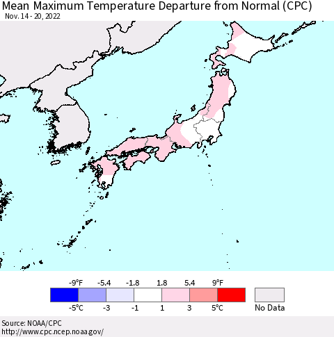 Japan Mean Maximum Temperature Departure from Normal (CPC) Thematic Map For 11/14/2022 - 11/20/2022