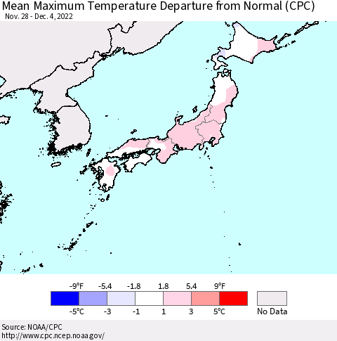 Japan Mean Maximum Temperature Departure from Normal (CPC) Thematic Map For 11/28/2022 - 12/4/2022