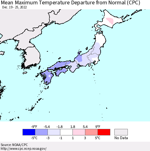 Japan Mean Maximum Temperature Departure from Normal (CPC) Thematic Map For 12/19/2022 - 12/25/2022