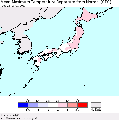 Japan Mean Maximum Temperature Departure from Normal (CPC) Thematic Map For 12/26/2022 - 1/1/2023