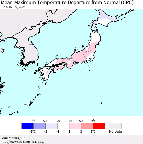 Japan Mean Maximum Temperature Departure from Normal (CPC) Thematic Map For 1/16/2023 - 1/22/2023
