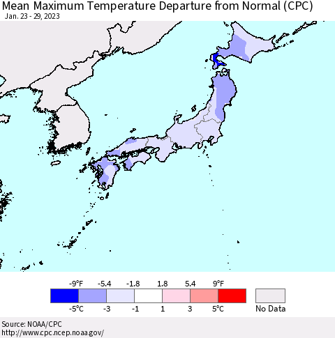 Japan Mean Maximum Temperature Departure from Normal (CPC) Thematic Map For 1/23/2023 - 1/29/2023