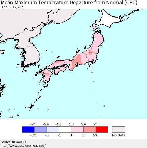 Japan Mean Maximum Temperature Departure from Normal (CPC) Thematic Map For 2/6/2023 - 2/12/2023