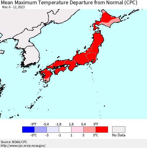 Japan Mean Maximum Temperature Departure from Normal (CPC) Thematic Map For 3/6/2023 - 3/12/2023