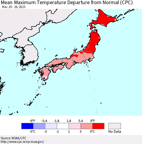 Japan Mean Maximum Temperature Departure from Normal (CPC) Thematic Map For 3/20/2023 - 3/26/2023
