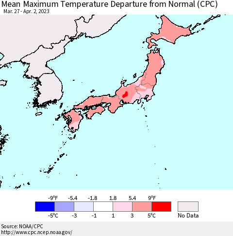 Japan Mean Maximum Temperature Departure from Normal (CPC) Thematic Map For 3/27/2023 - 4/2/2023