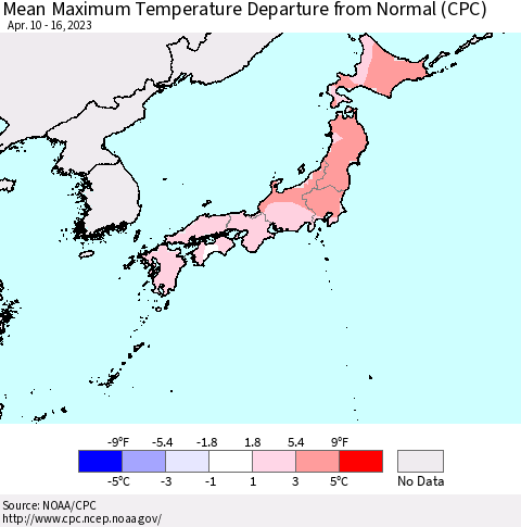 Japan Mean Maximum Temperature Departure from Normal (CPC) Thematic Map For 4/10/2023 - 4/16/2023