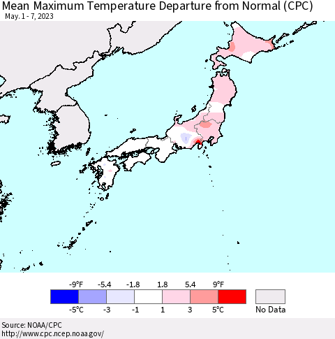 Japan Mean Maximum Temperature Departure from Normal (CPC) Thematic Map For 5/1/2023 - 5/7/2023