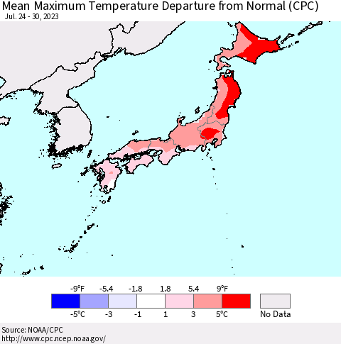 Japan Mean Maximum Temperature Departure from Normal (CPC) Thematic Map For 7/24/2023 - 7/30/2023