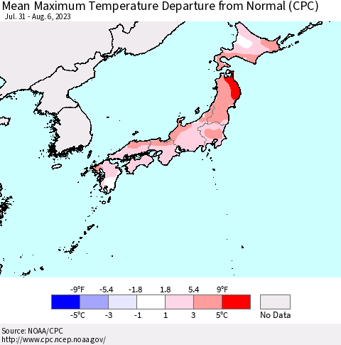 Japan Mean Maximum Temperature Departure from Normal (CPC) Thematic Map For 7/31/2023 - 8/6/2023