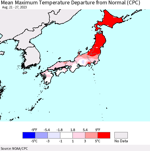 Japan Mean Maximum Temperature Departure from Normal (CPC) Thematic Map For 8/21/2023 - 8/27/2023