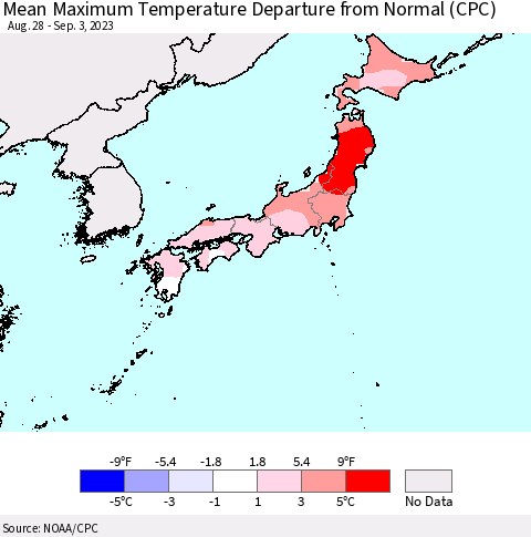 Japan Mean Maximum Temperature Departure from Normal (CPC) Thematic Map For 8/28/2023 - 9/3/2023