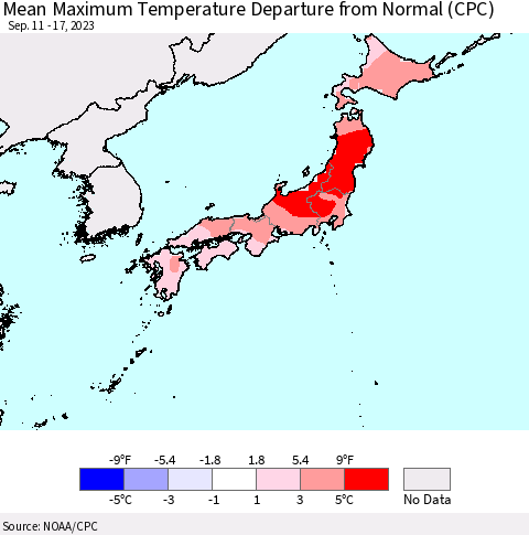 Japan Mean Maximum Temperature Departure from Normal (CPC) Thematic Map For 9/11/2023 - 9/17/2023
