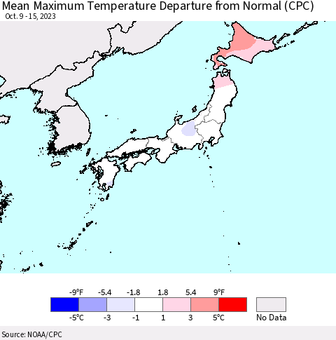 Japan Mean Maximum Temperature Departure from Normal (CPC) Thematic Map For 10/9/2023 - 10/15/2023