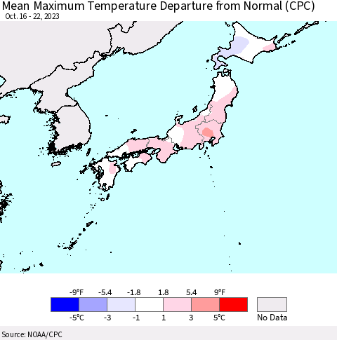 Japan Mean Maximum Temperature Departure from Normal (CPC) Thematic Map For 10/16/2023 - 10/22/2023